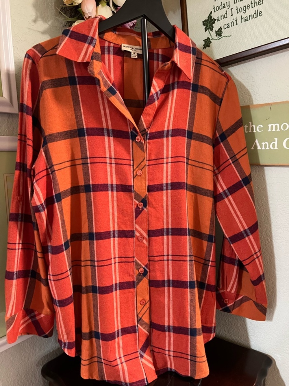 NWOT Windsor Orange Plaid Button-Down Shirt Size Medium #217